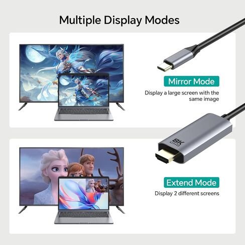 كابل USB C إلى HDMI 2.1 8K يدعم 48 جيجابت في الثانية/HDCP2.3/HDR (8K@60 هرتز، 4K@120 هرتز). سلك Thunderbolt 3/4 إلى HDMI لأجهزة MacBook وXPS وGalaxy S22 وأجهزة الكمبيوتر المحمولة والأجهزة اللوحية والهواتف والشاشات وأجهزة العرض. (6 أقدام/1.8 متر)، رمادي in Saudi Arabia
