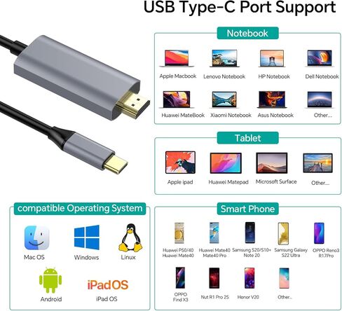 كابل USB C إلى HDMI 2.1 8K يدعم 48 جيجابت في الثانية/HDCP2.3/HDR (8K@60 هرتز، 4K@120 هرتز). سلك Thunderbolt 3/4 إلى HDMI لأجهزة MacBook وXPS وGalaxy S22 وأجهزة الكمبيوتر المحمولة والأجهزة اللوحية والهواتف والشاشات وأجهزة العرض. (6 أقدام/1.8 متر)، رمادي in Saudi Arabia