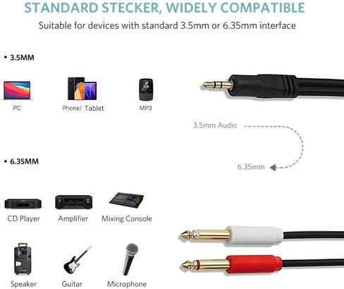 3.5mm 1/8 inch TRS to Dual 6.35mm 1/4 inch TS Mono Stereo Y-Cable Splitter Audio Cord Adapter Cable for iPhones/PC/Computer Sound Card/Amplifiers/Mixer/Multimedia Speaker/Home Stereo System(5ft/1.5M) in Saudi Arabia
