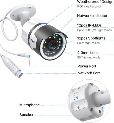 ZOSI 4 Pack H.265+ 5MP 3K كاميرا POE للأمان الإضافية، رؤية ليلية ملونة، محادثة ثنائية الاتجاه، اكتشاف الإنسان، إنذار الصوت والضوء، كاميرا IP خارجية مقاومة للطقس IP66 (تعمل فقط مع POE NVR) in Saudi Arabia