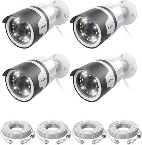 ZOSI 4 Pack H.265+ 5MP 3K كاميرا POE للأمان الإضافية، رؤية ليلية ملونة، محادثة ثنائية الاتجاه، اكتشاف الإنسان، إنذار الصوت والضوء، كاميرا IP خارجية مقاومة للطقس IP66 (تعمل فقط مع POE NVR) in Saudi Arabia