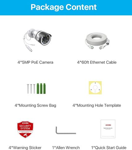 ZOSI 4 Pack H.265+ 5MP 3K كاميرا POE للأمان الإضافية، رؤية ليلية ملونة، محادثة ثنائية الاتجاه، اكتشاف الإنسان، إنذار الصوت والضوء، كاميرا IP خارجية مقاومة للطقس IP66 (تعمل فقط مع POE NVR) in Saudi Arabia