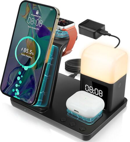 AURTEC 6 in 1 Wireless Charging Station with Alarm Clock, Night Light, Compatible with iPhone 15/14/13/12/11/Pro/Pro Max/Mini/XS/XR/X/8/Plus, Apple Watch 9/8/7/6/5/SE, AirPods Pro/3/2/1,15W Adapter in Kuwait