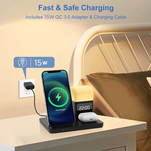 AURTEC 6 in 1 Wireless Charging Station with Alarm Clock, Night Light, Compatible with iPhone 15/14/13/12/11/Pro/Pro Max/Mini/XS/XR/X/8/Plus, Apple Watch 9/8/7/6/5/SE, AirPods Pro/3/2/1,15W Adapter in Kuwait