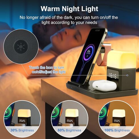 AURTEC 6 in 1 Wireless Charging Station with Alarm Clock, Night Light, Compatible with iPhone 15/14/13/12/11/Pro/Pro Max/Mini/XS/XR/X/8/Plus, Apple Watch 9/8/7/6/5/SE, AirPods Pro/3/2/1,15W Adapter in Kuwait
