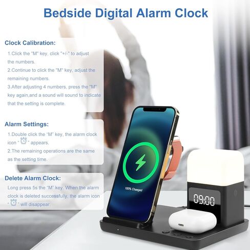 AURTEC 6 in 1 Wireless Charging Station with Alarm Clock, Night Light, Compatible with iPhone 15/14/13/12/11/Pro/Pro Max/Mini/XS/XR/X/8/Plus, Apple Watch 9/8/7/6/5/SE, AirPods Pro/3/2/1,15W Adapter in Kuwait