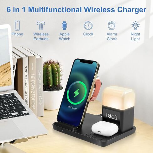 AURTEC 6 in 1 Wireless Charging Station with Alarm Clock, Night Light, Compatible with iPhone 15/14/13/12/11/Pro/Pro Max/Mini/XS/XR/X/8/Plus, Apple Watch 9/8/7/6/5/SE, AirPods Pro/3/2/1,15W Adapter in Kuwait
