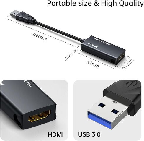 محول MT-VIKI USB 3.0 إلى HDMI، محول USB 3.0 إلى HDMI ذكر إلى أنثى، شاشات متعددة 1080P لنظام التشغيل Mac OS Windows 10/8.1/8/7 in Kuwait