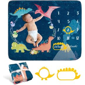 Whaline Baby Monthly Milestone Blanket Dinosaur Theme Newborn Photography Photo Prop Blanket Flannel Nap Mat Backdrop with 2 Frames Cartoon Baby Growth Photo Blanket for Girl Boy Shower Gift, 50 x 40