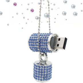 128GB USB 3.0 Flash Drive,Bling Rhinestone Diamond Crystal Glitter Lipstick Case Shining Jewelry with Necklace,Blue