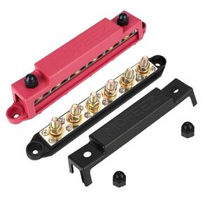 MOFEEZ Power Distribution Block Bus Bar, 4 x 3/8" Post Marine Bus Bar Battery Busbar Terminal Block with Cover, Lugs, Ring Terminals (Pair, Red & Black)