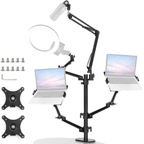 شاشة AMBITFUL/حامل كمبيوتر محمول، حامل ذراع مزدوج قابل للتعديل 4 في 1، حامل/حامل ذراع مكتب واحد لشاشات كمبيوتر LCD مقاس 17 إلى 32 بوصة، صينية إضافية تناسب أجهزة الكمبيوتر المحمولة مقاس 12 إلى 17 بوصة in Kuwait