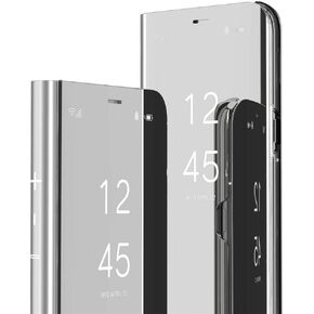 Cases for Samsung Galaxy Z Fold 6 5G Leather Case Clear View Makeup Mirror Flip Cover, Galaxy Z Fold 6 5G Phone Case with Kickstand Shockproof Protective Case Galaxy Z Fold 6 5G Black Shell (Silver)