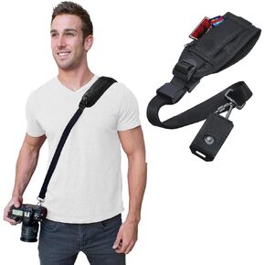Acuvar Heavy Duty Adjustable Camera Sling Shoulder Strap with Quick Release, Safety Tether & Storage Pocket 1/4" Mount for Nikon Canon Sony Olympus DSLR Camera - Black