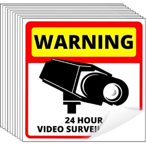 Camera Sign Sticker - 10 Pack 4.5"x 4.5" 24 Hours Video Surveillance Sticker, Security Warning Camera Sticker for Indoor & Outdoor Use