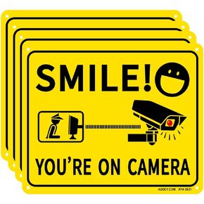 ملصقات لافتات ابتسامة مقاس 25.4 سم × 30.48 سم - عبوة من 4 قطع | ملصق للتذكير بكاميرا الأمان CCTV لساحة أمان المنزل، والممتلكات، والأعمال التجارية| فينيل ذاتي اللصق ممتاز مقاوم للأشعة فوق البنفسجية، والطقس، والخدوش، والماء والبهتان in Kuwait