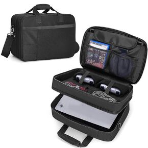 CURMIO Game Console Carrying Case Compatible with PS5/ PS5 Slim/ PS4 Game Console, Travel Console Storage Bag Case with Multiple Pockets for Laptop (Up to 15’’), Controller or other Gaming Accessories, Black (Bag Only)