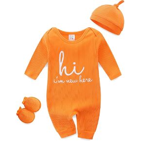 Baby Romper with Baby Mittens & Newborn Hats Footless Long Sleeve Solid Onesie Hi Im New Here