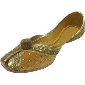 Women Velvet & Leather Khussa Shoes Punjabi Jutti Indian Handmade Flip Flop Gold