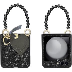 for Z Flip 5 Case with Two Chains Cute Black Sparkle Flip Phone Case for Galaxy Z Flip 5 Anti-Scratch Shockproof Stylish Women Bling Case for Samsung Galaxy Z Flip 5 5G
