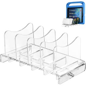 Acrylic Multi Device Organizer Stand Base for Portable Charger Power Banks, 4 Slots Desktop Storage Holder Compatible with USB Battery Pack, Phones and Tablets (Stand Only) - Black