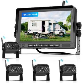 Hodozzy Wireless Backup Camera System Kit, 7 Inch IPS Reversing Monitor with IP68 Waterproof, Quad Split Recording, Night Vision, Manual Zoom,4 Backup Cameras for RV Truck/Trailer/Pickup/Camper