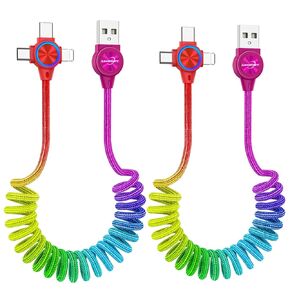 كابل شحن USB ملفوف، كابل شاحن متعدد الألوان 3 في 1 بألوان قوس قزح للسيارة، 2 حزمة كابل USB زنبركي للهواتف الذكية/الوسادة/الكمبيوتر المحمول