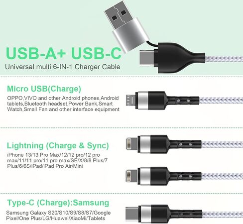 كابل شحن متعدد 6 في 1 USB للساعة الذكية العالمية، 1.8 متر/6 قدم نوع C+USB A شاحن ساعة مغناطيسي + Lightning*2+Type C+محول سلك USB صغير لسلسلة Apple Watch 7 6 5 4 3 2 1 SE/iPhone 13 /ذكري المظهر in Saudi Arabia