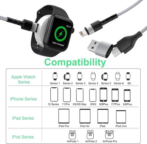 كابل شحن متعدد 6 في 1 USB للساعة الذكية العالمية، 1.8 متر/6 قدم نوع C+USB A شاحن ساعة مغناطيسي + Lightning*2+Type C+محول سلك USB صغير لسلسلة Apple Watch 7 6 5 4 3 2 1 SE/iPhone 13 /ذكري المظهر in Saudi Arabia