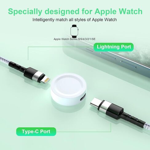 كابل شحن متعدد 6 في 1 USB للساعة الذكية العالمية، 1.8 متر/6 قدم نوع C+USB A شاحن ساعة مغناطيسي + Lightning*2+Type C+محول سلك USB صغير لسلسلة Apple Watch 7 6 5 4 3 2 1 SE/iPhone 13 /ذكري المظهر in Saudi Arabia