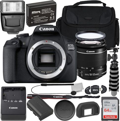 كاميرا Canon EOS 2000D (Rebel T7) DSLR مع عدسة EF-S 18-55mm f/3.5-5.6 is II + 64 جيجابايت SDXC، فلاش رقمي، بطارية بديلة ممتدة العمر، حقيبة أدوات مقاومة للماء والمزيد (حزمة 19 قطعة) (متجددة) in Saudi Arabia