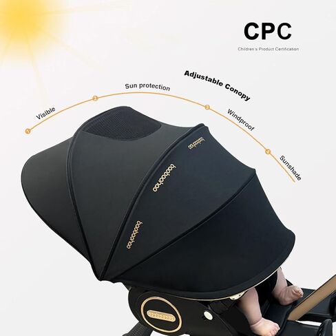 Baby Stroller,Lightweight Travel Strollers,High Landscape 360°Reverse,Adjustable Backrest,Foldable,UV Protection,5-Point Harness,Pram Stroller for Infant Newborn Toddler,Age 0-36month Black in Saudi Arabia