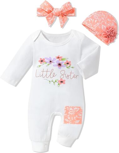 ملابس للفتيات الصغيرات بأكمام طويلة رومبير أبيض + عصابة رأس زهرية وقبعة لطيفة 3 قطع ملابس للفتيات الصغيرات in Kuwait