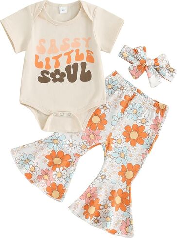 Newborn Baby Girl Summer Outfits Aunties Little Bestie Short Sleeve Romper Floral Print Flared Pants Headband Set in Saudi Arabia