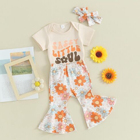 Newborn Baby Girl Summer Outfits Aunties Little Bestie Short Sleeve Romper Floral Print Flared Pants Headband Set in Saudi Arabia