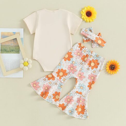 Newborn Baby Girl Summer Outfits Aunties Little Bestie Short Sleeve Romper Floral Print Flared Pants Headband Set in Saudi Arabia