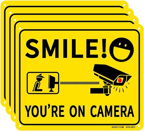 ملصقات لافتات ابتسامة مقاس 25.4 سم × 30.48 سم - عبوة من 4 قطع | ملصق للتذكير بكاميرا الأمان CCTV لساحة أمان المنزل، والممتلكات، والأعمال التجارية| فينيل ذاتي اللصق ممتاز مقاوم للأشعة فوق البنفسجية، والطقس، والخدوش، والماء والبهتان in Kuwait