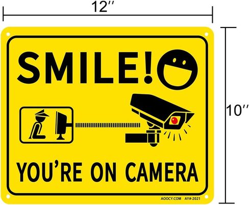 ملصقات لافتات ابتسامة مقاس 25.4 سم × 30.48 سم - عبوة من 4 قطع | ملصق للتذكير بكاميرا الأمان CCTV لساحة أمان المنزل، والممتلكات، والأعمال التجارية| فينيل ذاتي اللصق ممتاز مقاوم للأشعة فوق البنفسجية، والطقس، والخدوش، والماء والبهتان in Kuwait