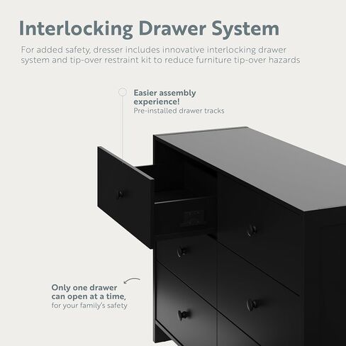 Storkcraft Calabasas 6 Drawer Dresser (Black) - GREENGUARD Gold Certified, 6 Drawer Dresser with Interlocking Drawer System, Dresser Drawer Organizer for Kids' Bedroom in Saudi Arabia