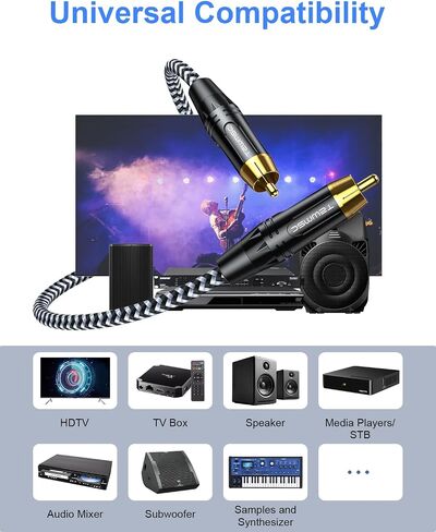 كابل مضخم الصوت بطول 6.6 أقدام، كابل مضخم صوت مزدوج محمي RCA موصل مطلي بالذهب RCA إلى كابل صوت RCA كابل مضخم صوت RCA مضفر من النايلون لمكبرات الصوت، المسرح المنزلي، أنظمة هاي فاي، مضخم الصوت in Saudi Arabia