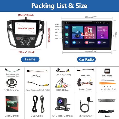 ستيريو سيارة أندرويد 9 بوصة لراديو Ford Focus 2012-2018 مع CarPlay Android Auto MirrorLink HiFi Audio 16EQ، HD 2.5D IPS شاشة تعمل باللمس ستيريو سيارة مع بلوتوث GPS واي فاي كاميرا احتياطية، ودعم Obd2/DVR in Saudi Arabia