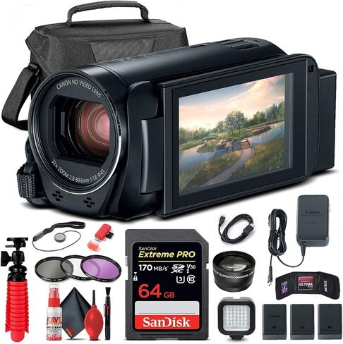 كاميرا فيديو Canon VIXIA HF R800 (أسود) (1960C002) + بطاقة ذاكرة سعة 64 جيجابايت + 2 بطارية BP727 + حقيبة + مجموعة مرشح + قارئ بطاقات + ضوء LED + عدسة مقربة + حامل ثلاثي القوائم مرن + حافظة غطاء + المزيد (متجددة) in Saudi Arabia