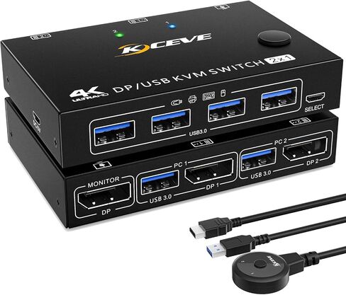 محول AOOCOO DP KVM، 4k@60 هرتز 2 في 1 منفذ عرض USB3.0 KVM Switcher شارك شاشة واحدة لجهازي كمبيوتر، يدعم لوحة المفاتيح اللاسلكية والماوس in Kuwait