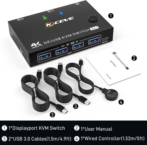 محول AOOCOO DP KVM، 4k@60 هرتز 2 في 1 منفذ عرض USB3.0 KVM Switcher شارك شاشة واحدة لجهازي كمبيوتر، يدعم لوحة المفاتيح اللاسلكية والماوس in Kuwait