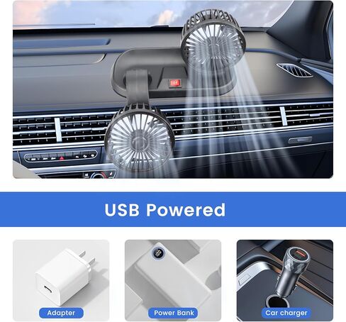 مروحة USB، مروحة سيارة مزدوجة الرأس قابلة للتعديل 360 درجة، مروحة تبريد السيارة الكهربائية التلقائية، مروحة سيارة محمولة مع رياح قوية، مروحة صغيرة USB صغيرة للوحة القيادة SUV RV شاحنة سيدان مكتب المنزل المكتبي in Kuwait