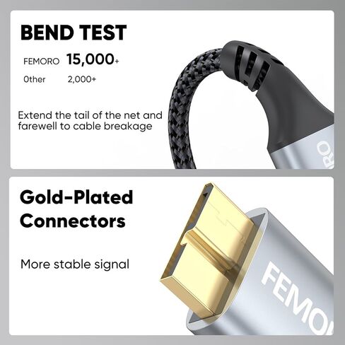 كابل القرص الصلب FEMORO بطول 3 أقدام، سلك USB 3.0 A إلى Micro B خارجي 5 جيجابت في الثانية ذكر إلى ذكر متوافق مع حاوية القرص الصلب لكاميرا الكمبيوتر اللوحي Seagate WD My Passport Xbox الهاتف الخلوي in Kuwait