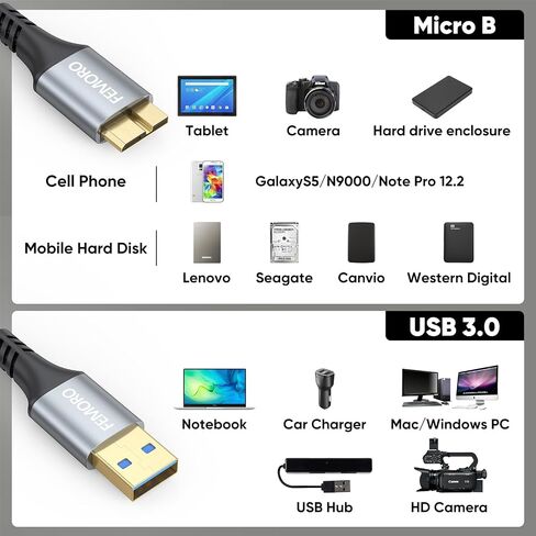 كابل القرص الصلب FEMORO بطول 3 أقدام، سلك USB 3.0 A إلى Micro B خارجي 5 جيجابت في الثانية ذكر إلى ذكر متوافق مع حاوية القرص الصلب لكاميرا الكمبيوتر اللوحي Seagate WD My Passport Xbox الهاتف الخلوي in Kuwait