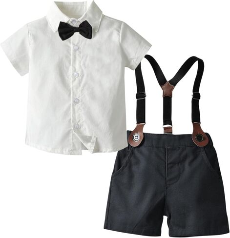 SANGTREE Kids Boys Gentleman Outfit، قميص فستان قصير الأكمام مع ربطة عنق + شورت الحمالات مجموعة ملابس حفلات الزفاف، قصير - 1# أسود 6-9 أشهر = علامة 60 in Saudi Arabia