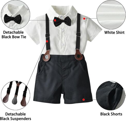 SANGTREE Kids Boys Gentleman Outfit، قميص فستان قصير الأكمام مع ربطة عنق + شورت الحمالات مجموعة ملابس حفلات الزفاف، قصير - 1# أسود 6-9 أشهر = علامة 60 in Saudi Arabia