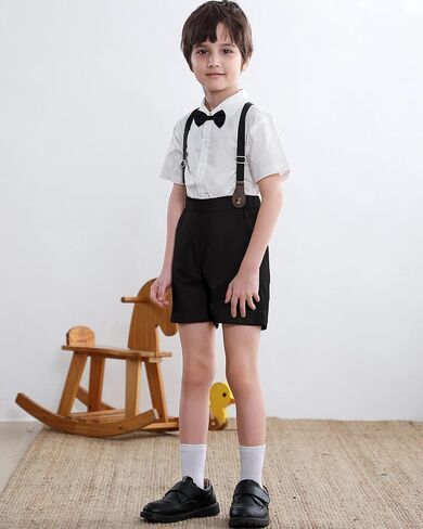 SANGTREE Kids Boys Gentleman Outfit، قميص فستان قصير الأكمام مع ربطة عنق + شورت الحمالات مجموعة ملابس حفلات الزفاف، قصير - 1# أسود 6-9 أشهر = علامة 60 in Saudi Arabia